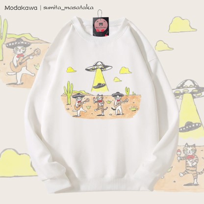 MODAKAWA X sumita_masataka キャットバンドとUFOグラフィック ユニセックス スウェットシャツ - White - 5XL - image 4