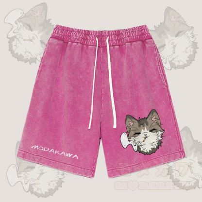 MODAKAWA スモーキングキャットグラフィック ヴィンテージウォッシュドストリートウェアショーツ - ローズレッド - 3XL - image 4