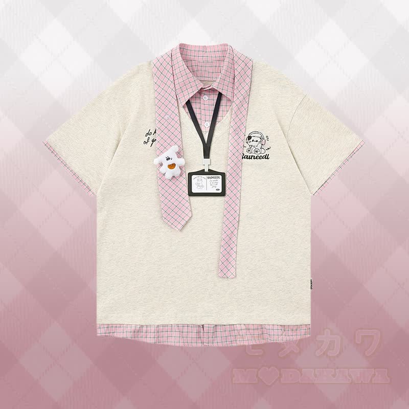 キティ刺繍チェック柄カラーブロックポロシャツ、3Dベアスターデニムパンツ、Modakawaお揃いコーデ - グレーのTシャツ - XL - image 4