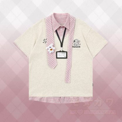 キティ刺繍チェック柄カラーブロックポロシャツ、3Dベアスターデニムパンツ、Modakawaお揃いコーデ - グレーのTシャツ - XL - image 4