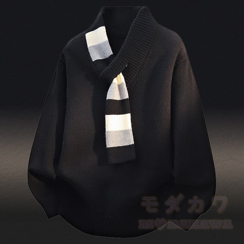 Vネックストライプニットセーターカラーブロック フリース裏地パンツ ツーピース - 黒のセーター - 4XL - image 4