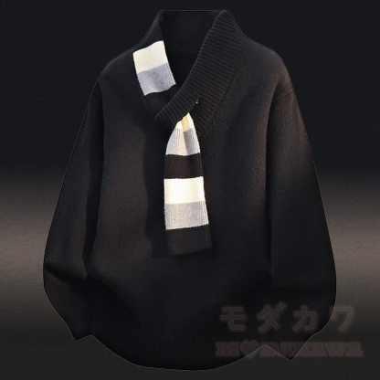 Vネックストライプニットセーターカラーブロック フリース裏地パンツ ツーピース - 黒のセーター - 4XL - image 4