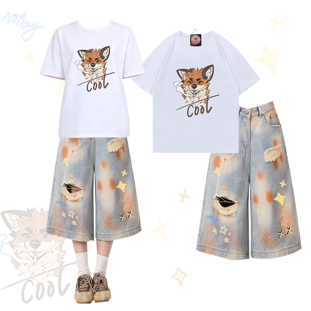 MODAKAWA × atka スモーキングフォックス グラフィック100%綿Tシャツ ダメージ加工クロップドデニムジーンズ ツーピースセット - White & Blue - XL - image 2