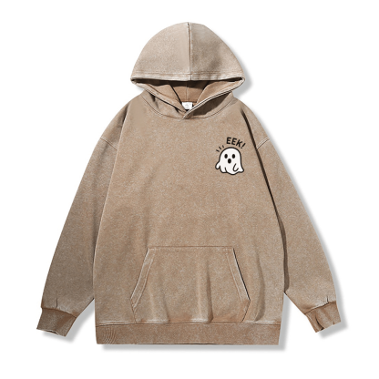 EEK ユニセックス ヴィンテージ ウォッシュド パーカー ハロウィン ゴースト グラフィック プルオーバー - Khaki - 2XL - image 3