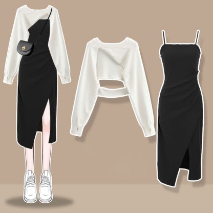 イレギュラーなホローアウトセーター、フリル付きスプリットスリップドレス、マッチングアウトフィット - Set B - XL - image 2