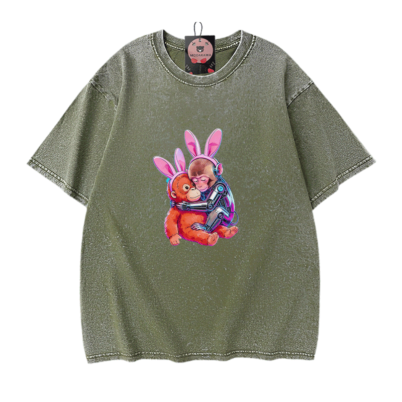 ハグするサイバーモンキー グラフィックModakawaヴィンテージウォッシュ100%綿Tシャツ - Green - 5XL - image 8