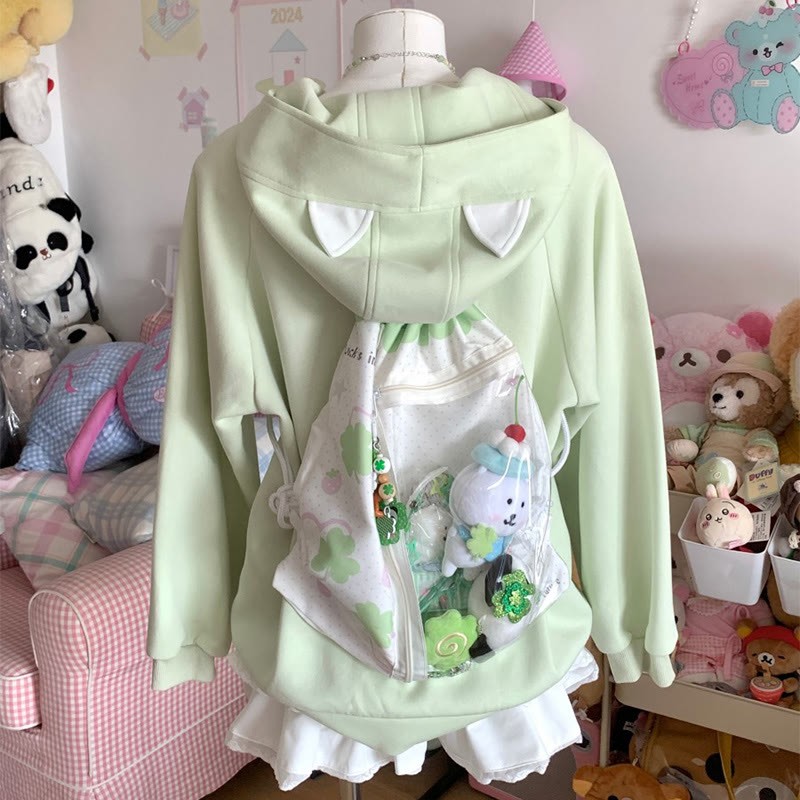 猫耳四つ葉のクローバーベア刺繍ジップアップパーカー - image 3