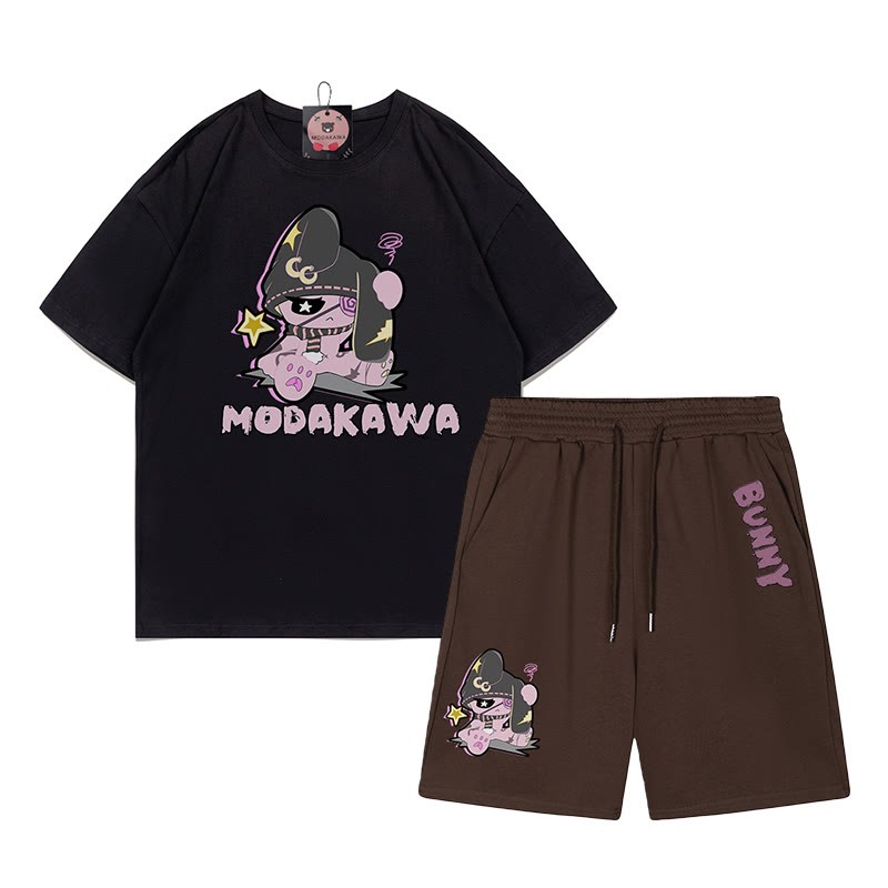 不幸なウサギのグラフィックダーク美学Tシャツショーツ2点セット - ブラック＆ブラウン - あ - 5XL - image 13