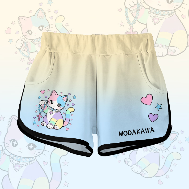 パステルグラデーション猫グラフィックModakawaショーツ - Yellow - 5XL - image 4