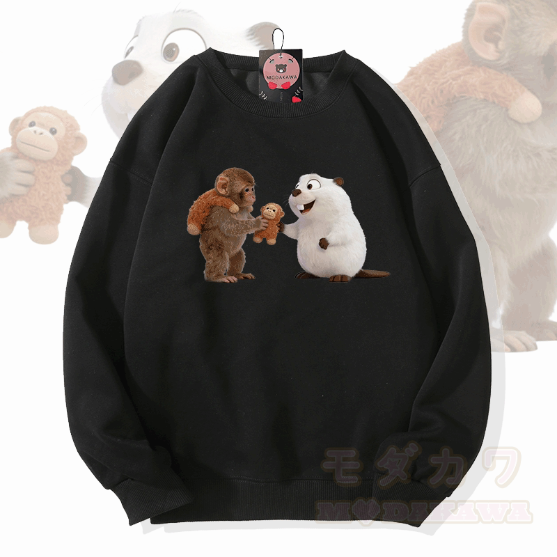 PUNCH 面白い猿とフグのグラフィックModakawaスウェットシャツ - 黒 - 5XL - image 3