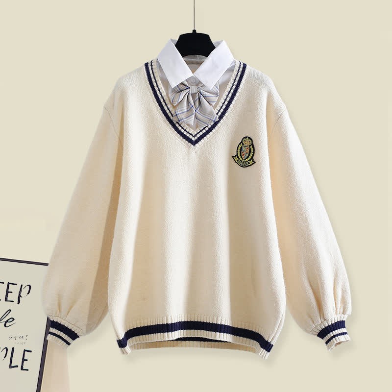 フェイクマッチング衣装 リボン装飾セーター プリーツスカート プラッシュパンツ マッチング衣装 - Apricot Sweater - XL - image 2