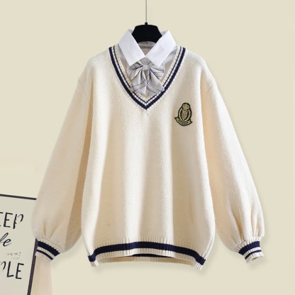 フェイクマッチング衣装 リボン装飾セーター プリーツスカート プラッシュパンツ マッチング衣装 - Apricot Sweater - XL - image 2