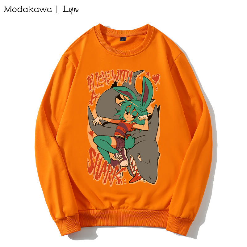 MODAKAWA X Lyn IN LOVE WITH A SHARK バニーガール シャークプリント ラウンドカラー スウェットシャツ - Orange - 5XL - image 3