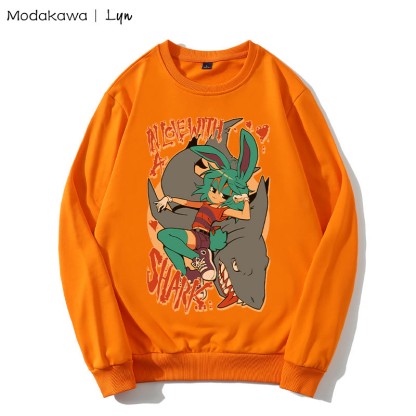 MODAKAWA X Lyn IN LOVE WITH A SHARK バニーガール シャークプリント ラウンドカラー スウェットシャツ - Orange - 5XL - image 3