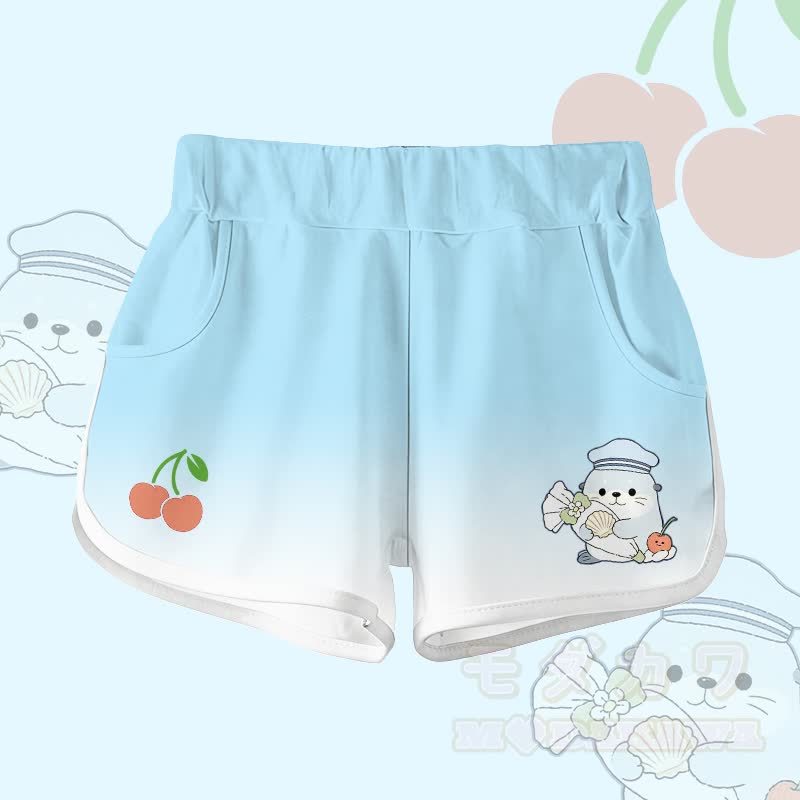 かわいいアザラシ柄の綿100% T綿とグラデーションショーツのModakawaカワツーピースセット - スカイブルーのショートパンツ - 5XL - image 4