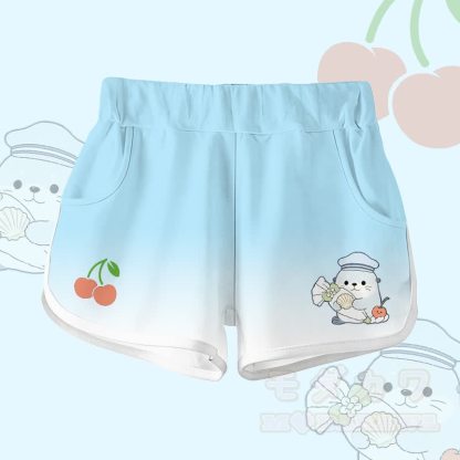 かわいいアザラシ柄の綿100% T綿とグラデーションショーツのModakawaカワツーピースセット - スカイブルーのショートパンツ - 5XL - image 4