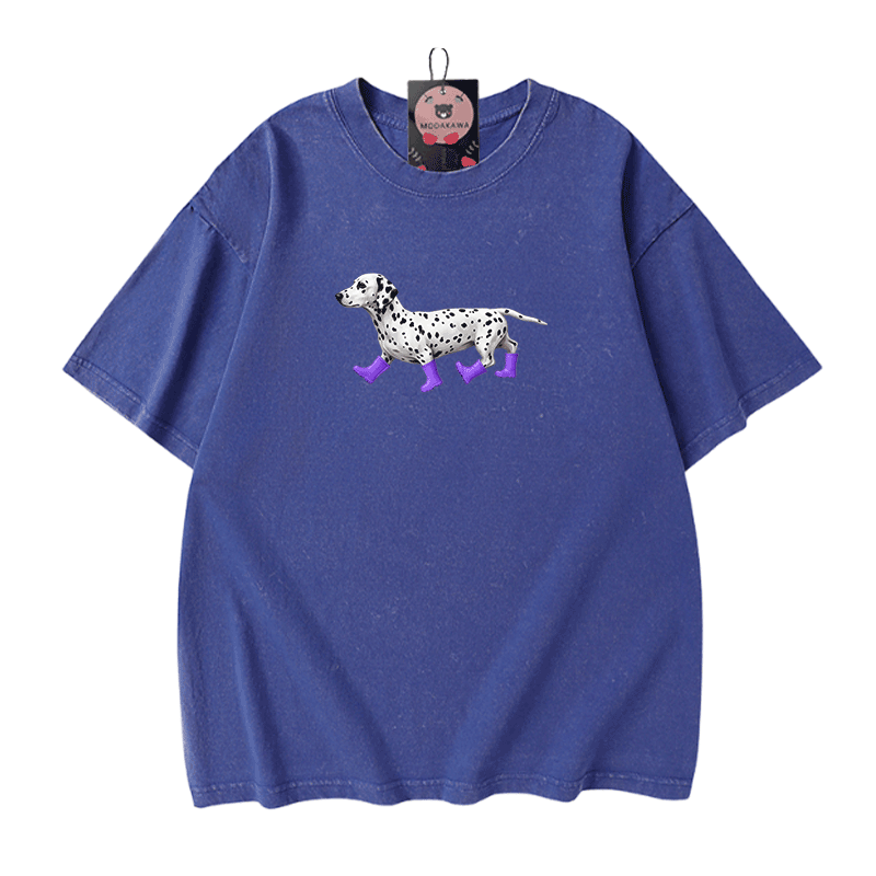 ダルメシアン柄Modakawaユニセックス ヴィンテージウォッシュドTシャツ - Blue - 5XL - image 6