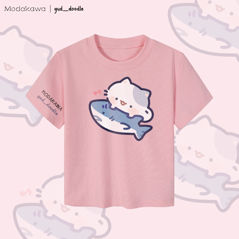 MODAKAWA X gud_doodleキャットシャークグラフィック レディース クロップドTシャツ 92% コーマ綿クロップトップ - Pink - XL - image 2