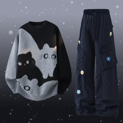 キティニットセーターフラワーカーゴパンツツーピース - Set D - 2XL - image 4