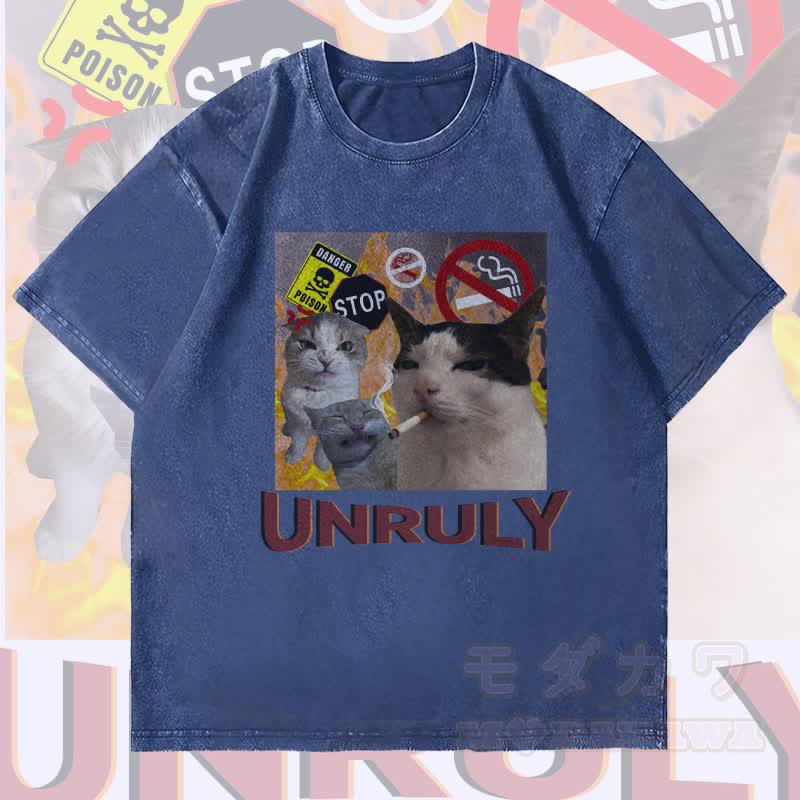MODAKAWA UNRULY レベルキャット グラフィック ユニセックス ヴィンテージ ウォッシュド Tシャツ - ダークブルー - 4XL - image 3