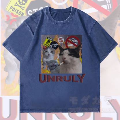 MODAKAWA UNRULY レベルキャット グラフィック ユニセックス ヴィンテージ ウォッシュド Tシャツ - ダークブルー - 4XL - image 3