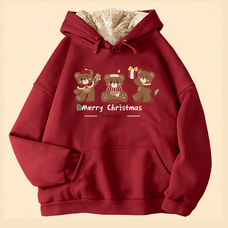 MODAKAWA クリスマスベア3匹のグラフィック 厚手フリース裏地冬パーカー - Red - 2XL - image 3