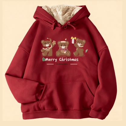 MODAKAWA クリスマスベア3匹のグラフィック 厚手フリース裏地冬パーカー - Red - 2XL - image 3