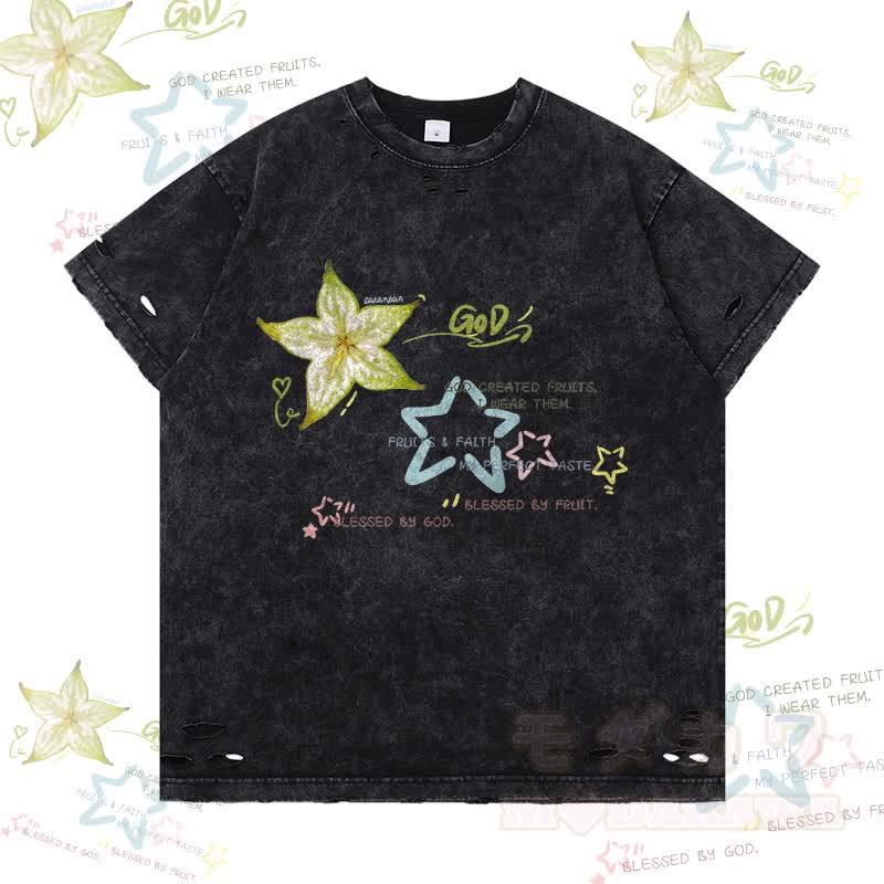 スターフルーツグラフィックModakawaリップドTシャツ - 黒 - 2XL - image 4