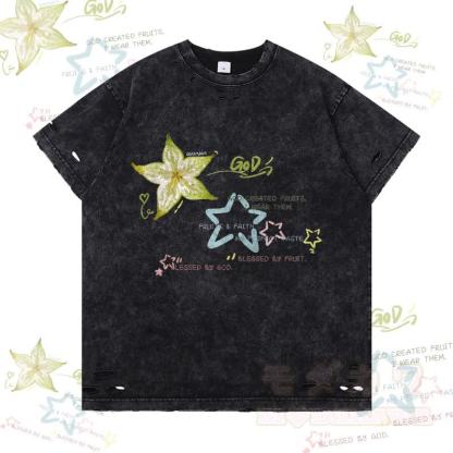 スターフルーツグラフィックModakawaリップドTシャツ - 黒 - 2XL - image 4