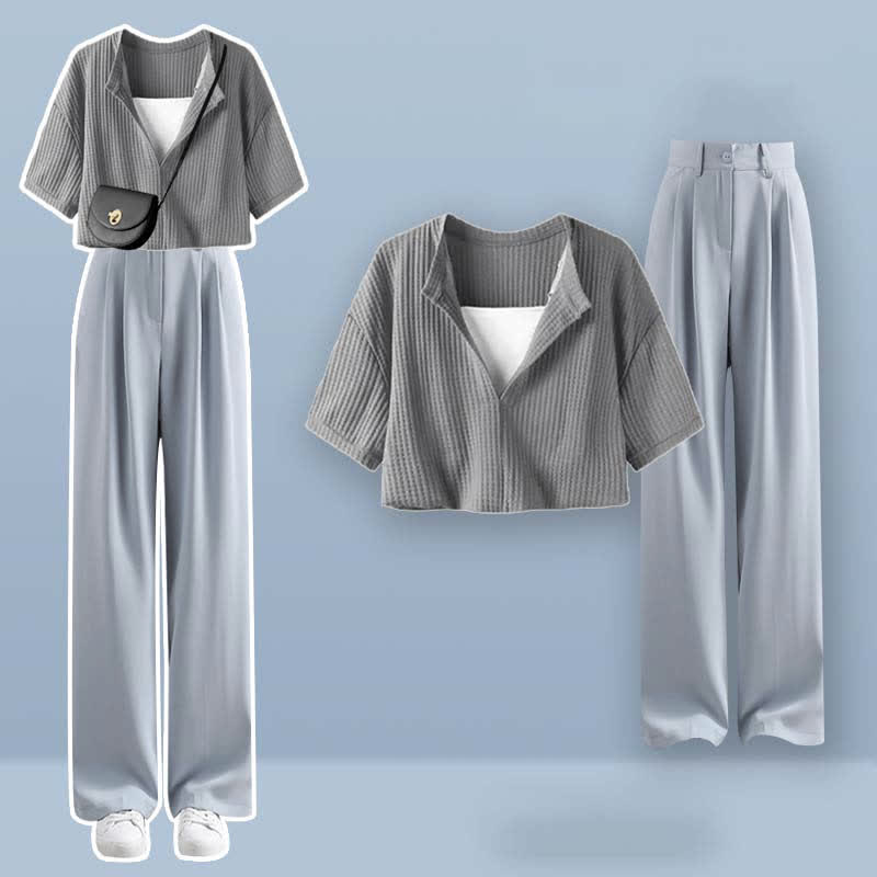 フェイクツーピース クロップトップ Tシャツ カジュアルパンツ ツーピースセット - Set C - XL - image 3