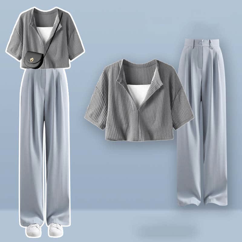 フェイクツーピース クロップトップ Tシャツ カジュアルパンツ ツーピースセット - Set C - XL - image 3