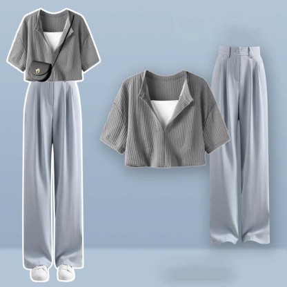 フェイクツーピース クロップトップ Tシャツ カジュアルパンツ ツーピースセット - Set C - XL - image 3