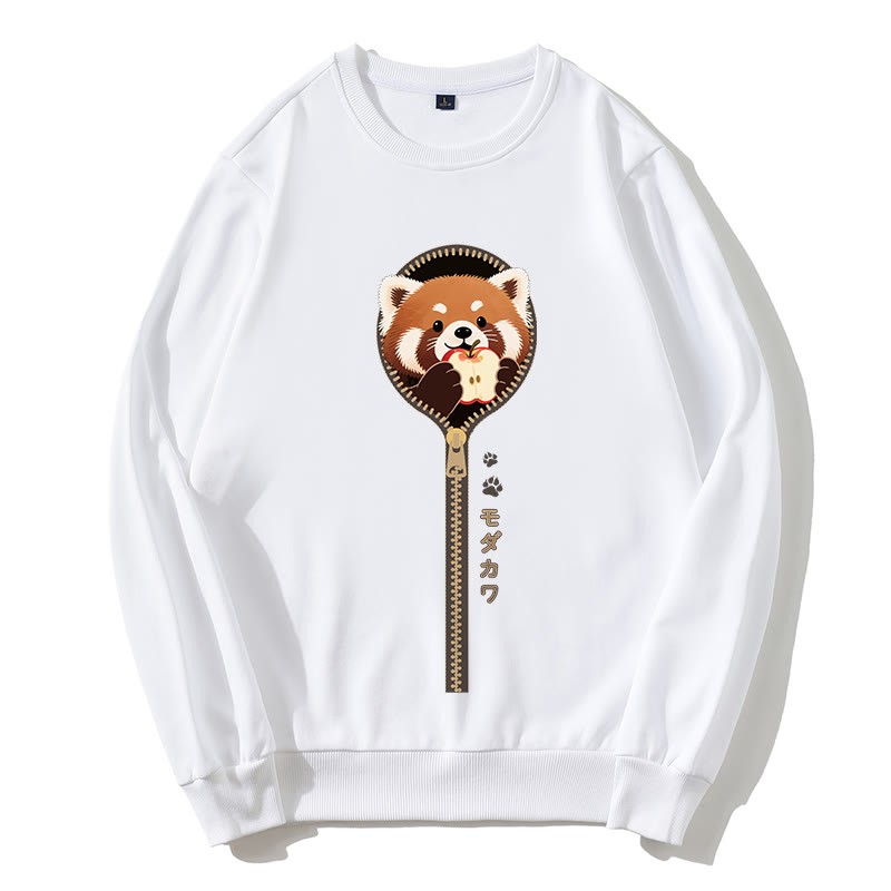 ジッパーから覗くレッサーパンダのグラフィック ラウンドカラー スウェットシャツ - 白 - 5XL - image 5