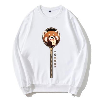 ジッパーから覗くレッサーパンダのグラフィック ラウンドカラー スウェットシャツ - 白 - 5XL - image 5