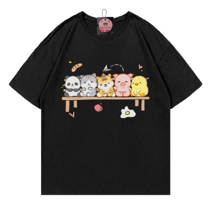 動物たちが一列に並んで座っているプリントのModakawaTシャツ - Black - 5XL - image 3