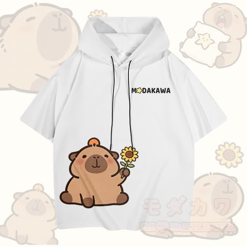 ひまわりとカピバラのグラフィック柄のModakawa半袖パーカー - 白 - 3XL - image 4