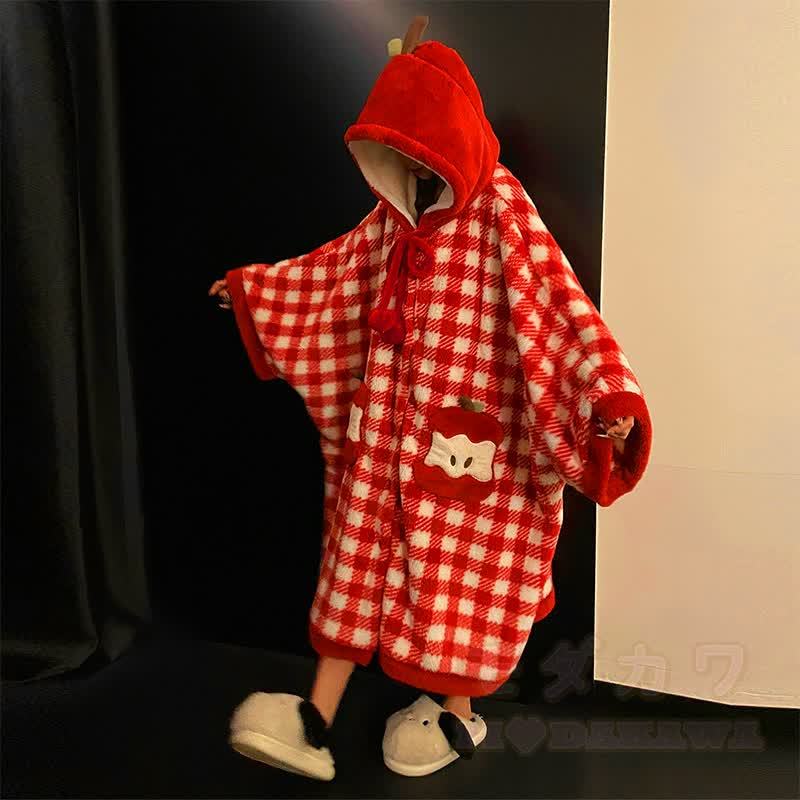 プラッシュチェック柄アップルフード付きケープローブ - image 5