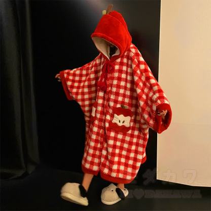 プラッシュチェック柄アップルフード付きケープローブ - image 5