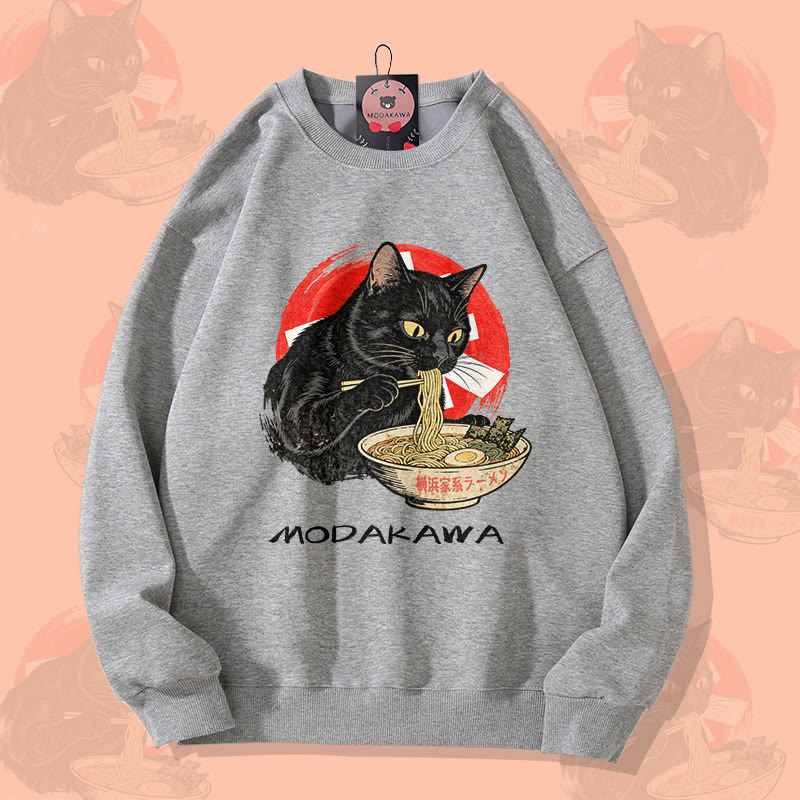 MODAKAWA 黒猫がラーメンを食べるグラフィック ユニセックス スウェットシャツ - Grey - 5XL - image 3