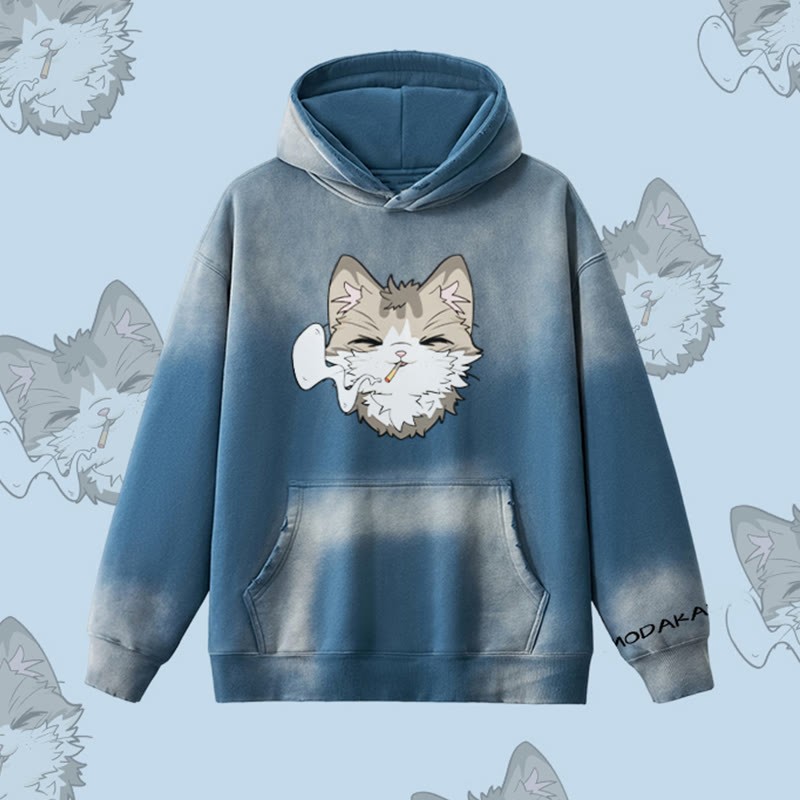 MODAKAWA スモーキングキャットグラフィック ヴィンテージウォッシュドフリース裏毛パーカー - Dark Blue - 2XL - image 5