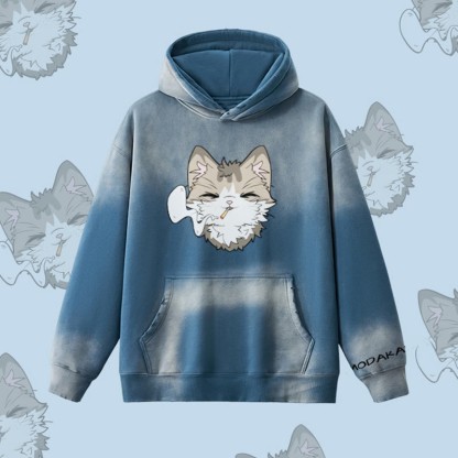 MODAKAWA スモーキングキャットグラフィック ヴィンテージウォッシュドフリース裏毛パーカー - Dark Blue - 2XL - image 5