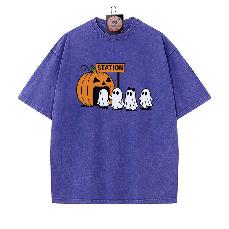 パンプキンゴーストプリント ヴィンテージウォッシュTシャツ - 青 - 5XL - image 3