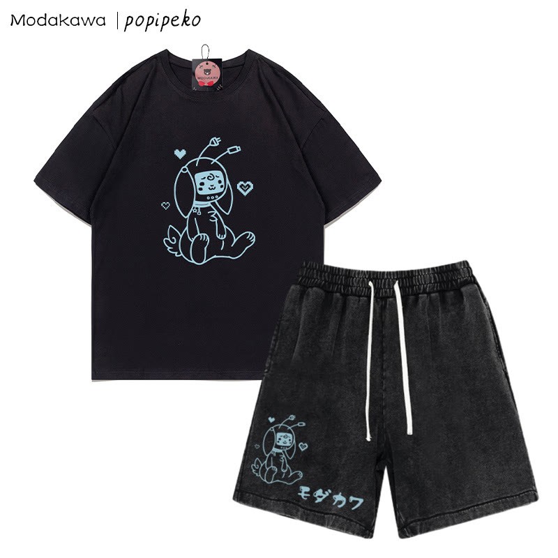 ロボットバニー グラフィックTシャツ ヴィンテージウォッシュドショーツ 2点セット - Black - 3XL - image 7