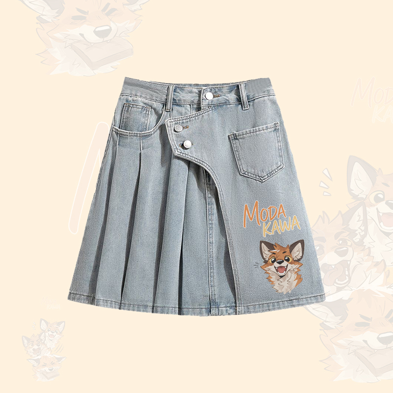 MODAKAWA × atka フォックスグラフィック オーバーサイズ ボタンアップシャツ 不規則なデニムプリーツスカート マッチングアウトフィット - Blue Skirt - XL - image 3