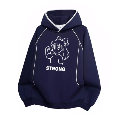 STRONG かわいい漫画の女の子グラフィックModakawaラグランスリーブ オーバーサイズ プルオーバーパーカー - Purplish Blue - 3XL - image 4