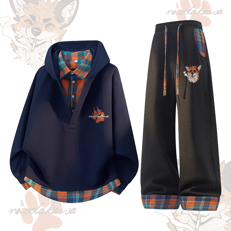MODAKAWA × atka Fox スモーキング グラフィック チェック柄 フーディー パンツ ツーピースセット - Purplish Blue & Black - 3XL - image 4