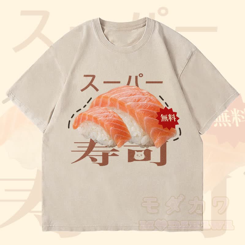 MODAKAWA 寿司グラフィック ユニセックス ヴィンテージウォッシュTシャツ - ベージュ - 4XL - image 3