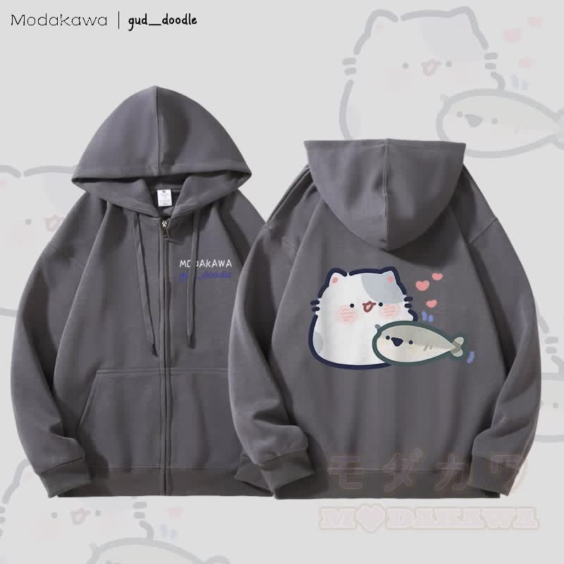 MODAKAWA x gud_doodleキティと魚のグラフィック 裏起毛 ジップアップ パーカー スウェットシャツ - ダークグレー - 5XL - image 3