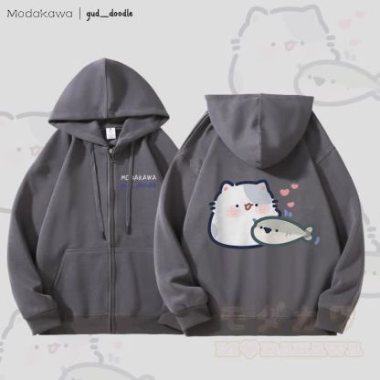 MODAKAWA x gud_doodleキティと魚のグラフィック 裏起毛 ジップアップ パーカー スウェットシャツ - ダークグレー - 5XL - image 3