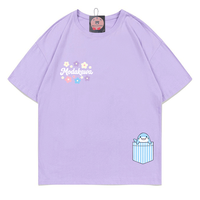ポケットシャーク フラワー グラフィックModakawa100%綿Tシャツ - Light Purple - 5XL - image 7